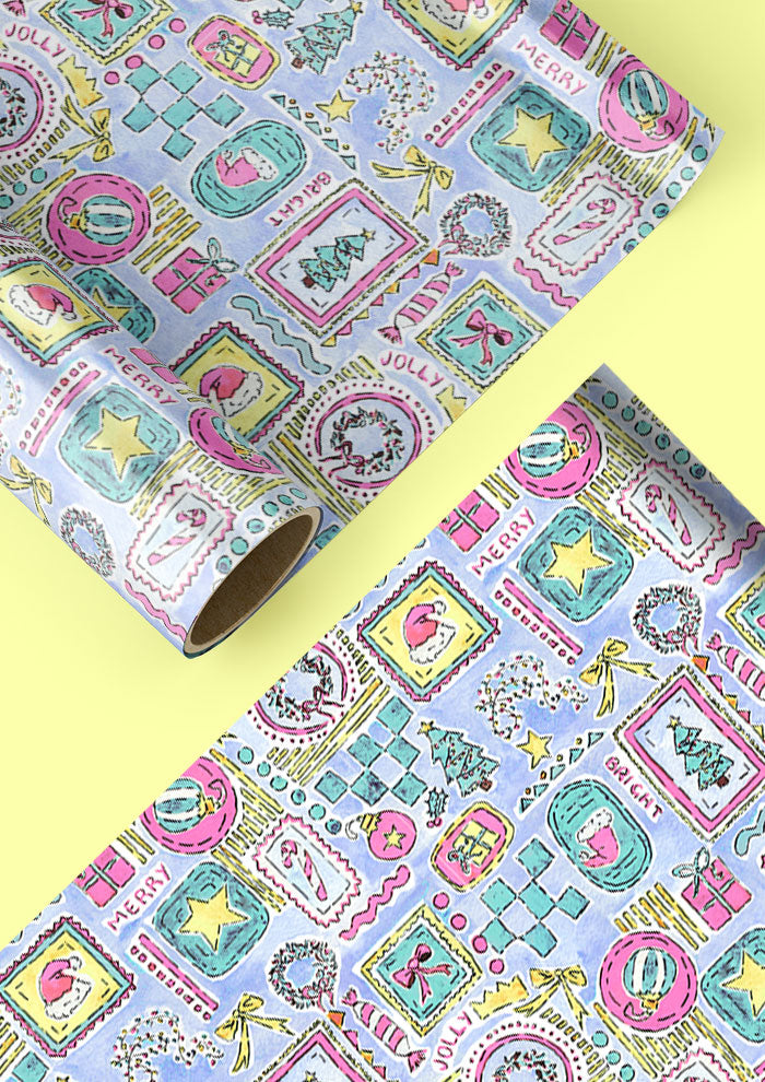 Christmas wrapping paper design with Santa Hats, trees, bows and stars in frames using pastel colours. Australian Surface Pattern Design by Sydney Artist Laura Hamzic