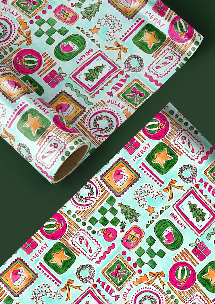 Christmas wrapping paper design with Santa Hats, trees, bows and stars in frames using pastel colours. Australian Surface Pattern Design by Melbourne Artist Laura Hamzic