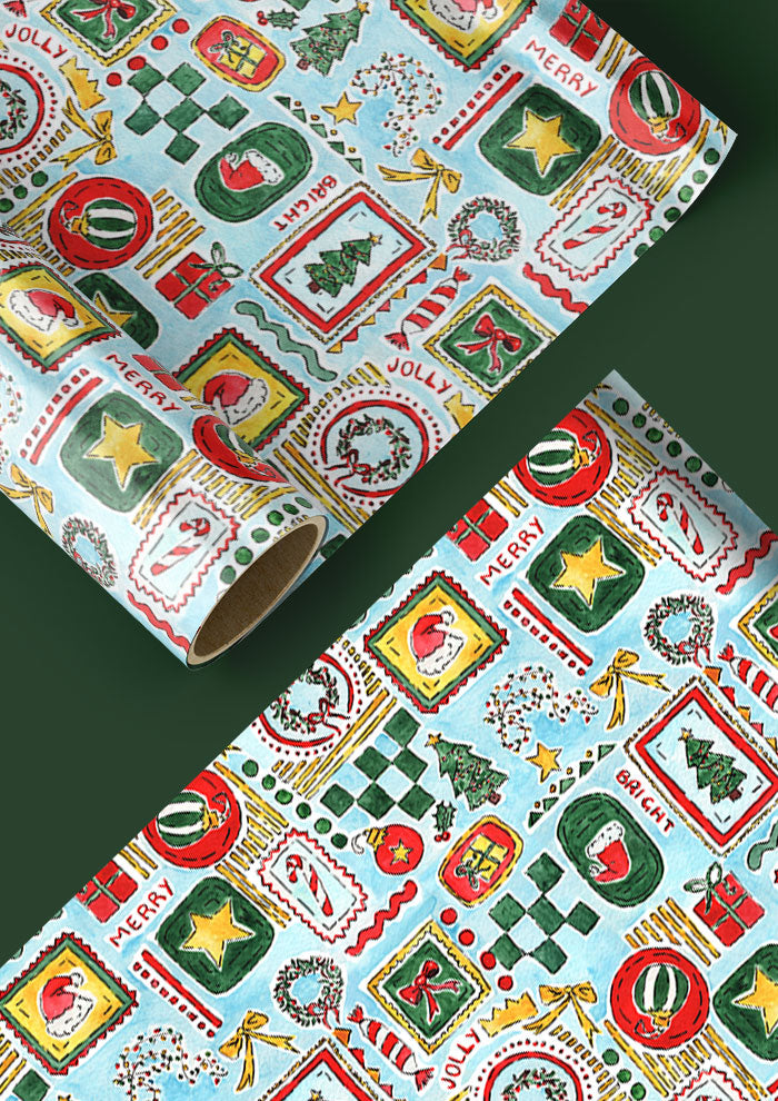 Christmas wrapping paper design with Santa Hats, trees, bows and stars in frames using pastel colours. Australian Surface Pattern Design by Queensland Artist Laura Hamzic