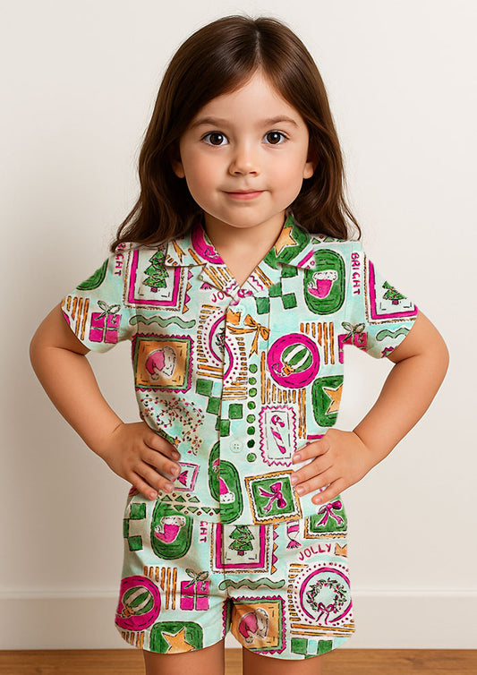 Christmas pj design with Santa Hats, trees, bows and stars in frames. Australian Christmas Surface Pattern Design by Brisbane Artist Laura Hamzic