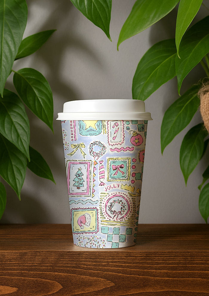 Christmas coffee cup design with Santa Hats, trees, bows and stars in frames. Australian Christmas Surface Pattern Design by Brisbane Artist Laura Hamzic