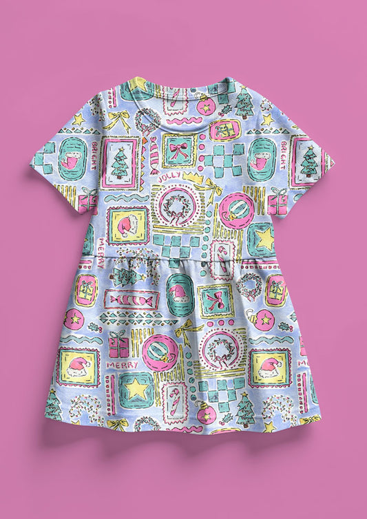 Christmas girls dress design with Santa Hats, trees, bows and stars in frames. Australian Christmas Surface Pattern Design by Brisbane Artist Laura Hamzic