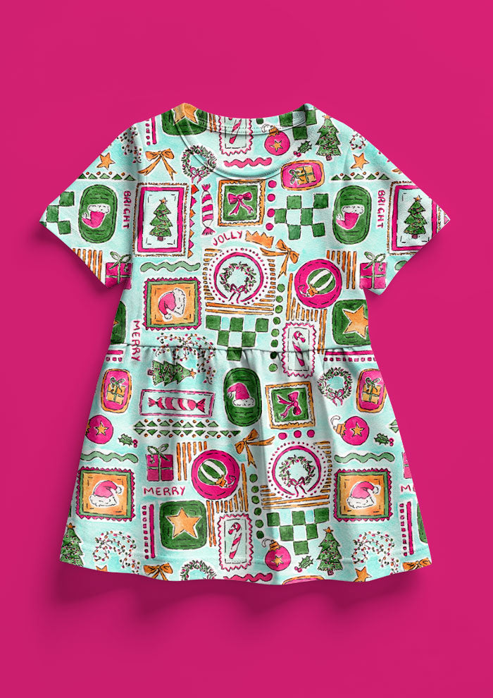 Christmas dress design with Santa Hats, trees, bows and stars in frames. Australian Christmas Surface Pattern Design by Brisbane Artist Laura Hamzic