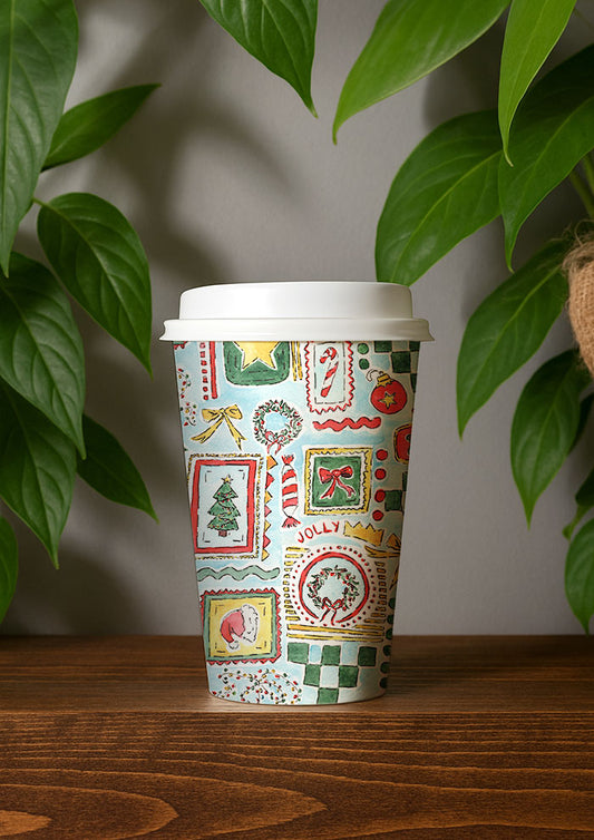 Christmas coffee cup design with Santa Hats, trees, bows and stars in frames. Australian Christmas Surface Pattern Design by Brisbane Artist Laura Hamzic