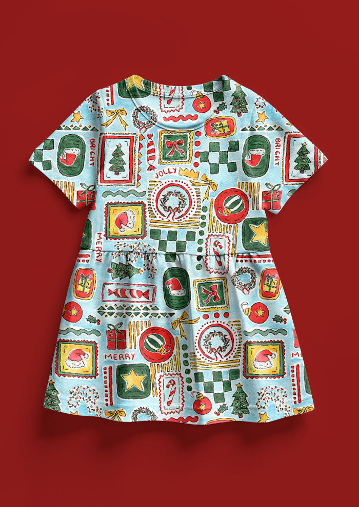 Christmas dress design with Santa Hats, trees, bows and stars in frames. Australian Christmas Surface Pattern Design by Brisbane Artist Laura Hamzic
