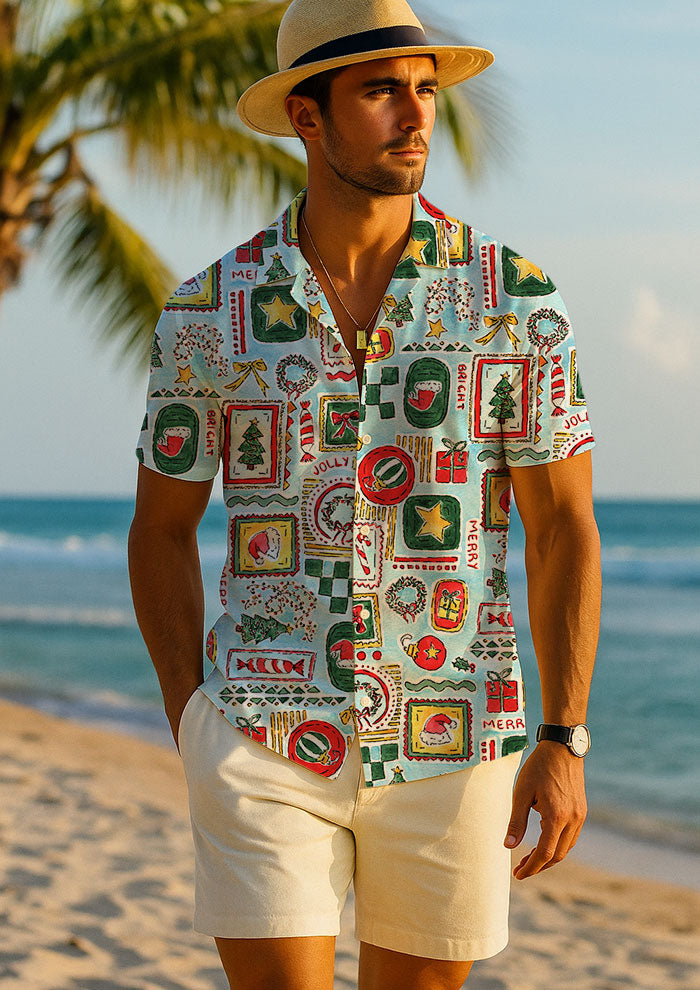 Christmas mens shirt design with Santa Hats, trees, bows and stars in frames. Australian Christmas Surface Pattern Design by Brisbane Artist Laura Hamzic