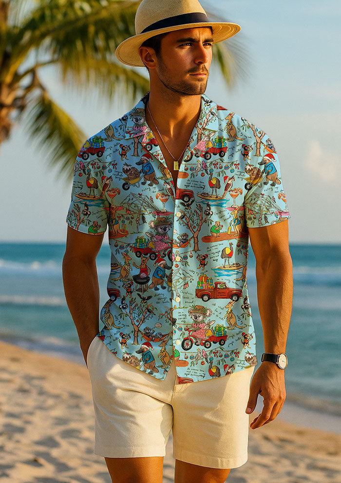 Playful Aussie Christmas mens shirt pattern design featuring native animals, BBQs, and backyard cricket. Australian Surface Pattern Design by Brisbane Artist Laura Hamzic