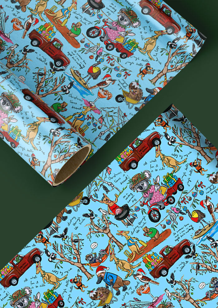Playful Aussie Christmas wrapping paper design featuring native animals, BBQs, and backyard cricket. Australian Surface Pattern Design by Brisbane Artist Laura Hamzic