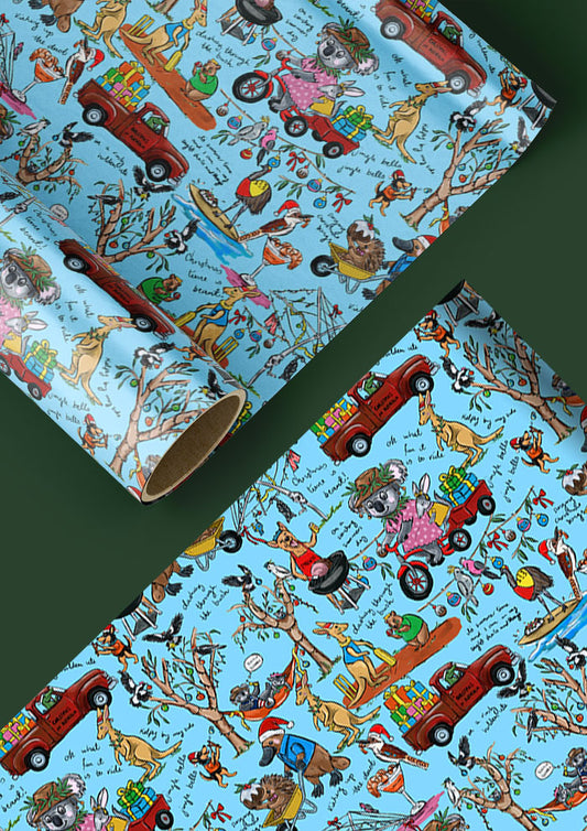 Playful Aussie Christmas wrapping paper design featuring native animals, BBQs, and backyard cricket. Australian Surface Pattern Design by Brisbane Artist Laura Hamzic
