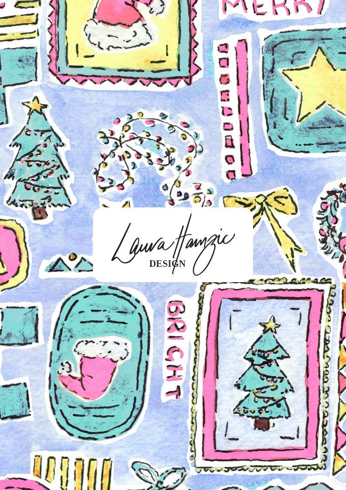 Christmas-themed design with Santa Claus, trees, and stars perfect for festive fabric, scrubs and wrapping paper. Australian Christmas Surface Pattern Design by Brisbane Artist Laura Hamzic