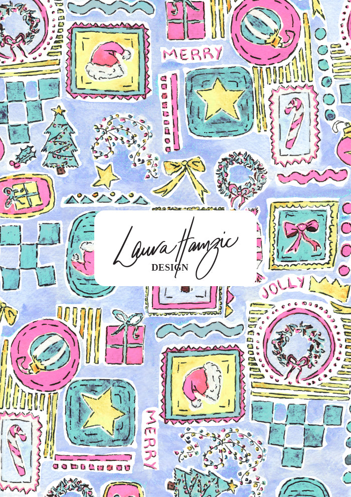 Christmas design with Santa Claus, trees, and stars perfect for festive Christmas pjs, scrubs and wrapping paper. Australian Christmas Surface Pattern Design by Brisbane Artist Laura Hamzic