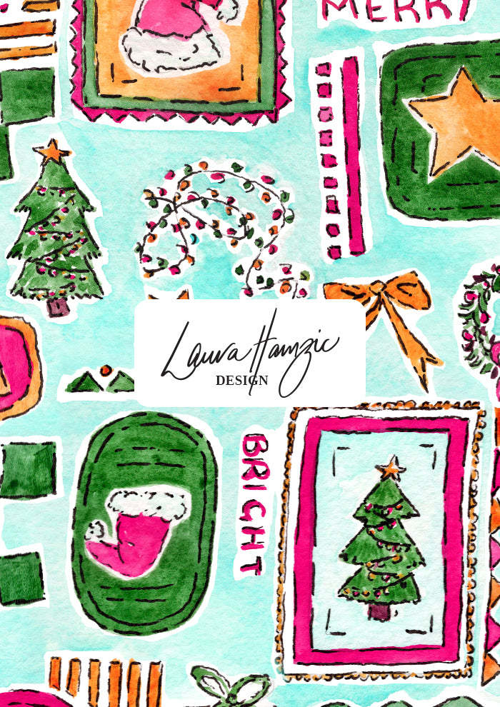Christmas-themed design with Santa Claus, trees, and stars perfect for festive fabric, scrubs and wrapping paper. Australian Christmas Surface Pattern Design by Brisbane Artist Laura Hamzic