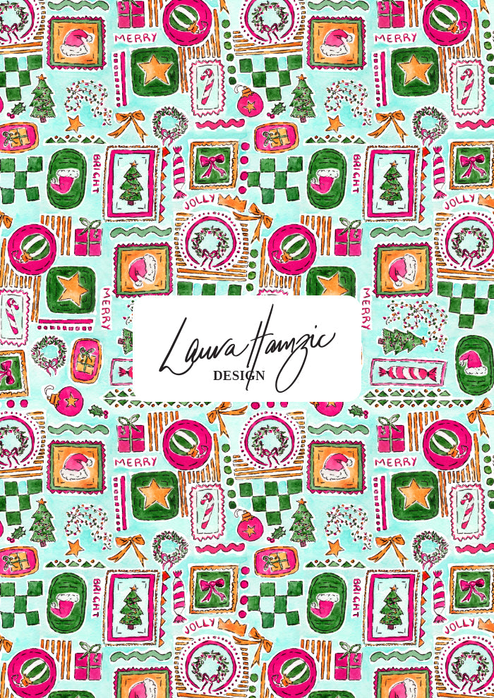 Christmas-themed design with Santa Claus, trees, and stars perfect for festive fabric, scrubs and wrapping paper. Australian Christmas Surface Pattern Design by Brisbane Artist Laura Hamzic
