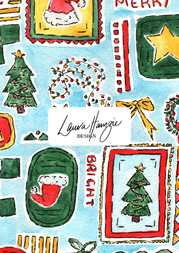 Christmas-themed design with Santa Claus, trees, and stars perfect for festive fabric, scrubs and wrapping paper. Australian Surface Pattern Designer Laura Hamzic