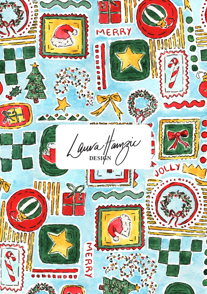 Christmas-themed design with Santa Claus, trees, and stars perfect for festive fabric, scrubs and wrapping paper. Australian Christmas Surface Pattern Design by Brisbane Artist Laura Hamzic