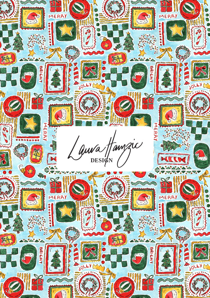 Christmas-themed design with Santa Claus, trees, and stars perfect for festive fabric, scrubs and wrapping paper. Australian Christmas Surface Pattern Design by Brisbane Artist Laura Hamzic