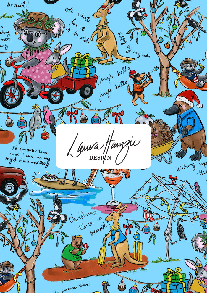 Playful Australian Christmas pattern featuring native animals, BBQs, and backyard cricket perfect for festive fabric, scrubs and wrapping paper. Bold Christmas Surface Pattern Design by Brisbane Artist Laura Hamzic