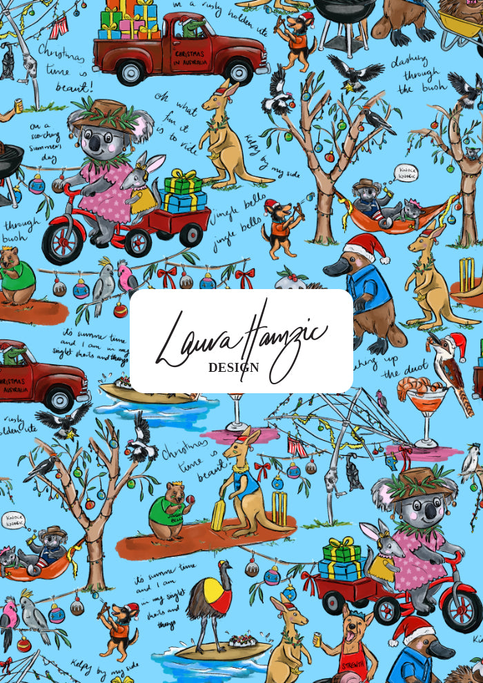 Playful Christmas in Australia pattern featuring native animals, BBQs, and backyard cricket perfect for festive fabric, scrubs and wrapping paper. Australian Christmas Surface Pattern Design by Brisbane Artist Laura Hamzic