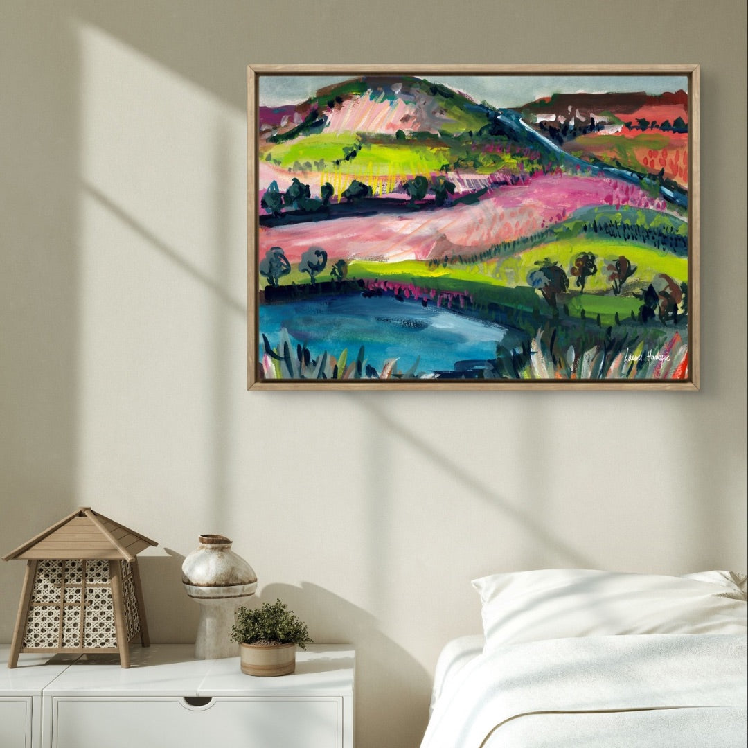 Watercolour art print of a whimsical, abstract landscape - Pink Rolling Hills, hand-painted by Laura Hamzic.