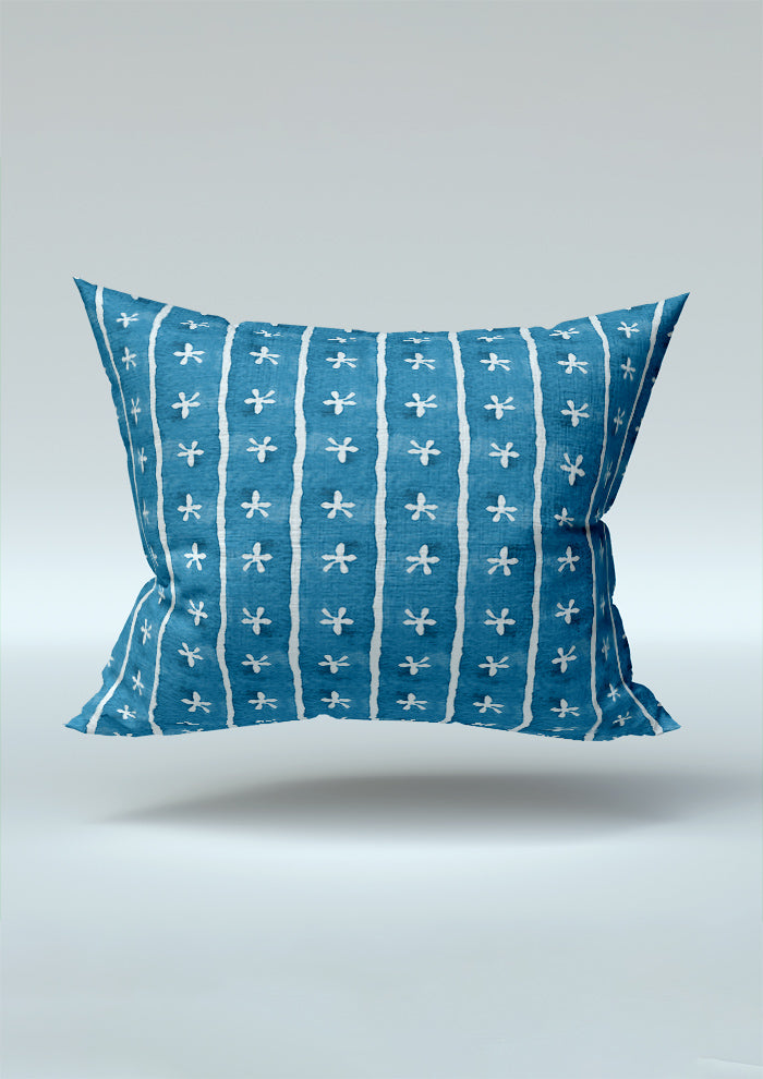 Denim Dancing Daisies pattern on cushion mockup. Pattern design by Laura Hamzic, Australian Artist.