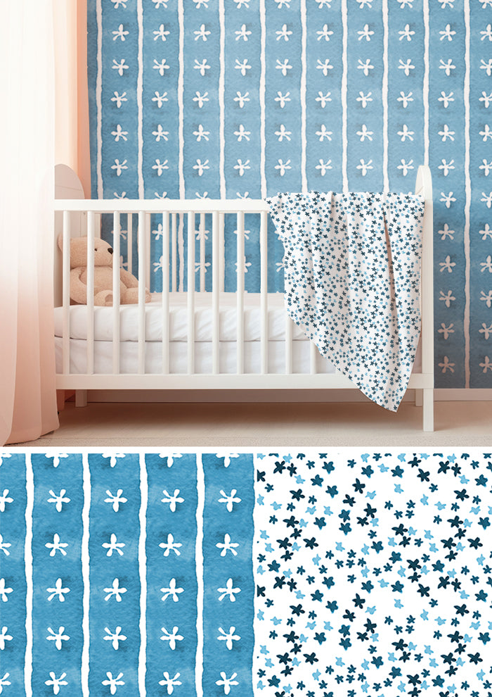 Denim Dancing Daisies pattern on wallpaper mockup. Pattern design by Laura Hamzic, Australian Artist.