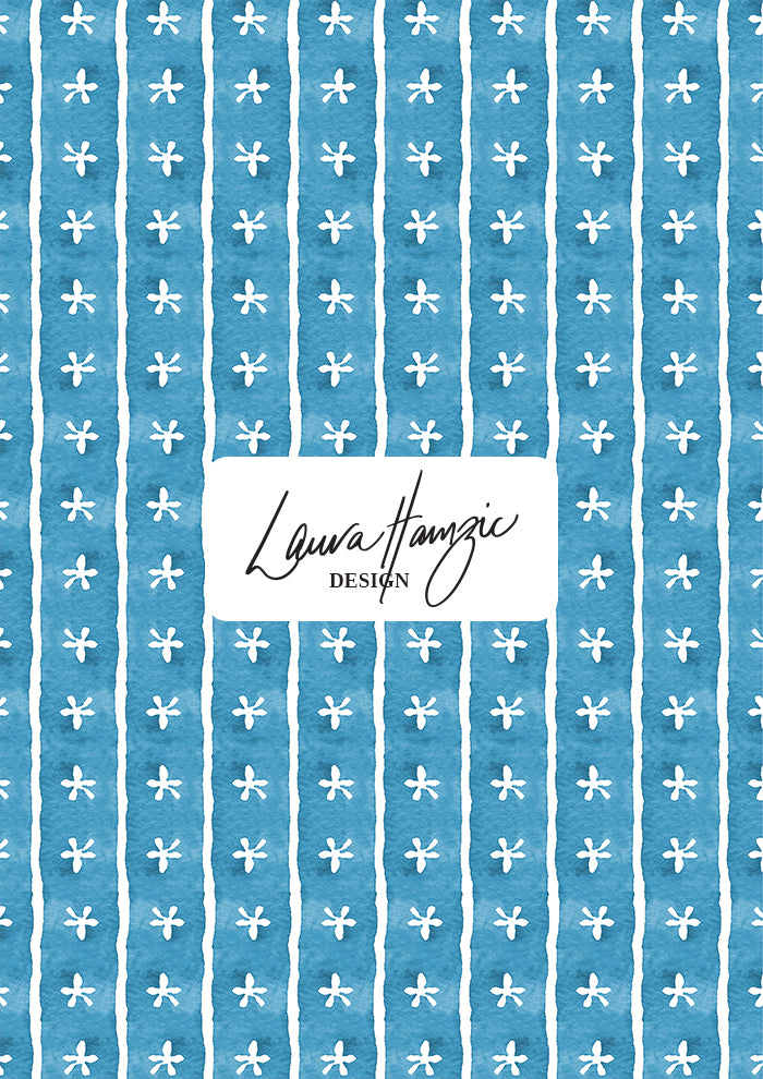 Denim Dancing Daisies stripe pattern, large scale, for textiles. Pattern design by Laura Hamzic, Australian Artist.