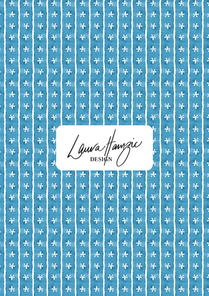 Denim Dancing Daisies stripe pattern, medium scale, for textiles. Pattern design by Laura Hamzic, Australian Artist.