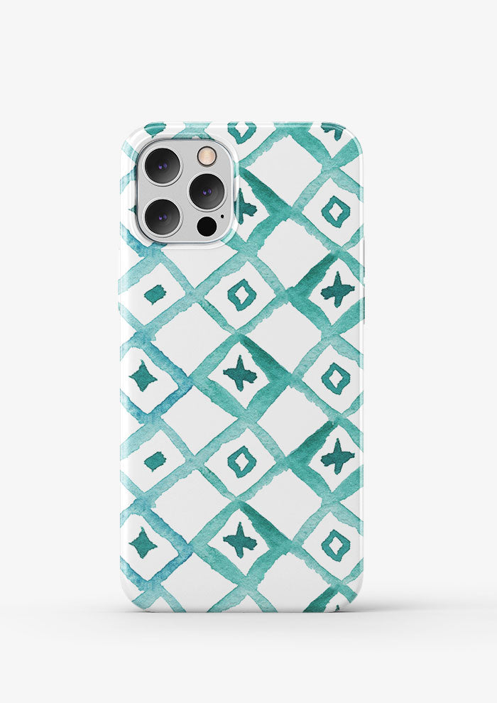Phone Case featuring Diamond Lattice pattern, bold watercolour diamond grid with spots and crosses in the centre, creating a relaxed Mediterranean coastal aesthetic.