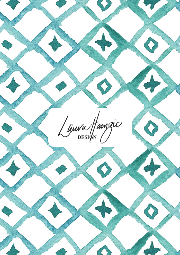 Diamond Lattice at large scale, bold watercolour diamond grid with spots and crosses in the centre, creating a relaxed Mediterranean coastal aesthetic.