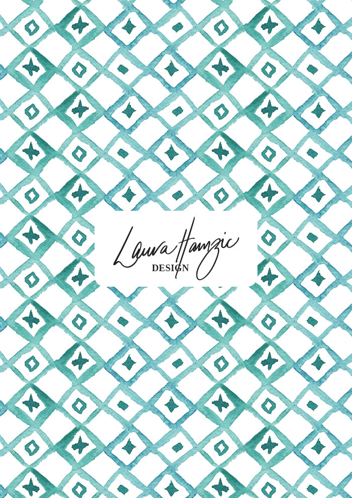 Diamond Lattice at medium scale, bold watercolour diamond grid with spots and crosses in the centre, creating a relaxed Mediterranean coastal aesthetic.