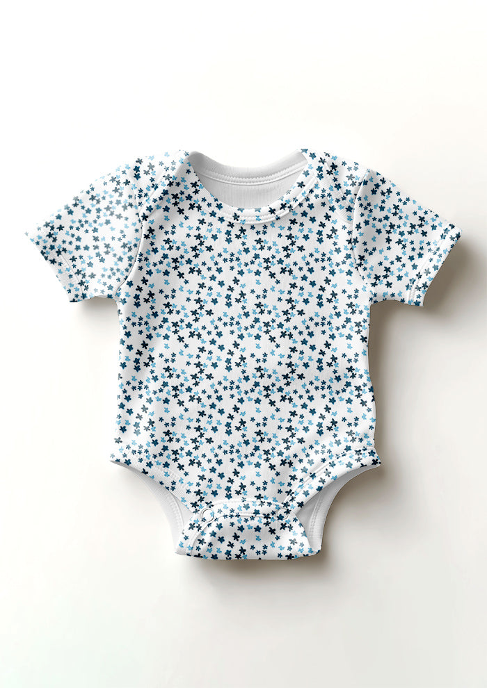 Ditsy Daisy - Baby Onesie featuring Floral pattern design by Laura Hamzic Australian Surface Pattern Designer - Denim on White