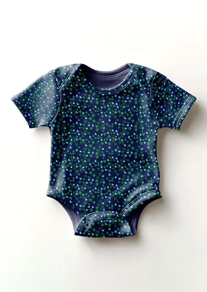 Ditsy Daisy - Baby Onesie featuring Floral pattern design by Laura Hamzic Australian Surface Pattern Designer - Green and Blue on White