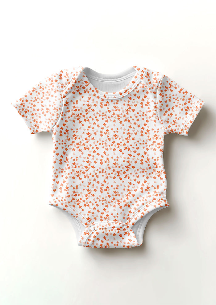 Ditsy Daisy - Baby Onesie featuring Floral pattern design by Laura Hamzic Australian Surface Pattern Designer - Orange on White