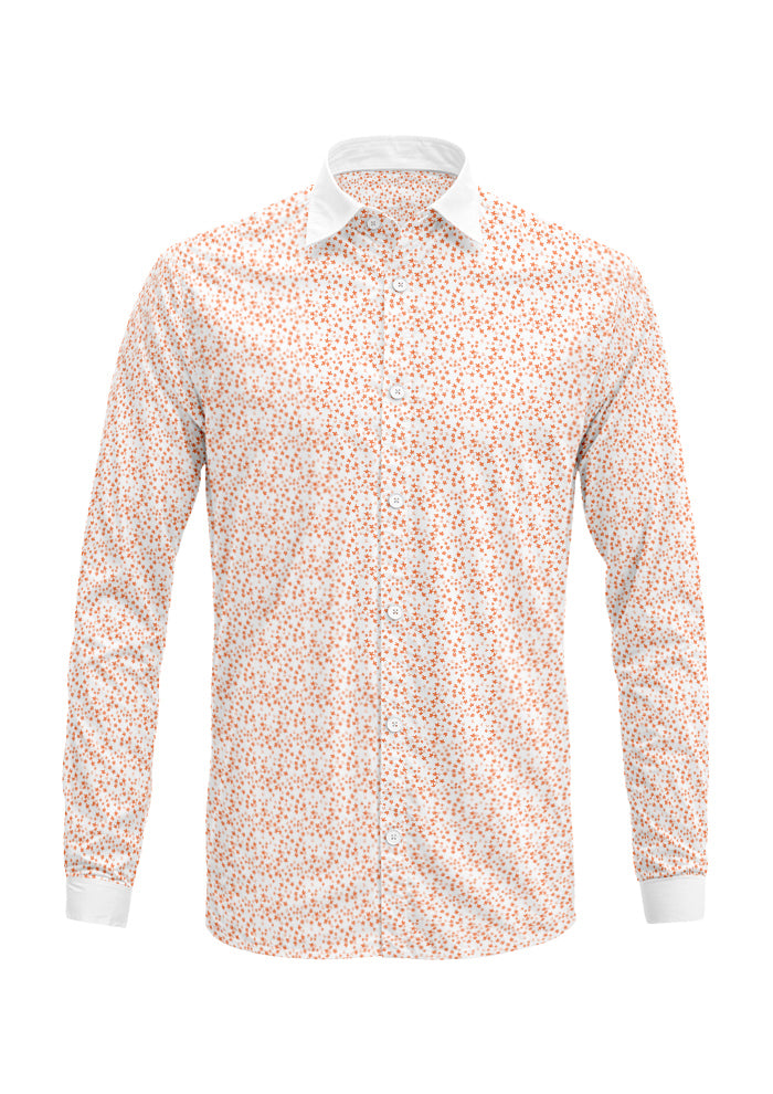 Ditsy Daisy - Mens dress shirt featuring Floral pattern design by Laura Hamzic Australian Surface Pattern Designer - Orange on White