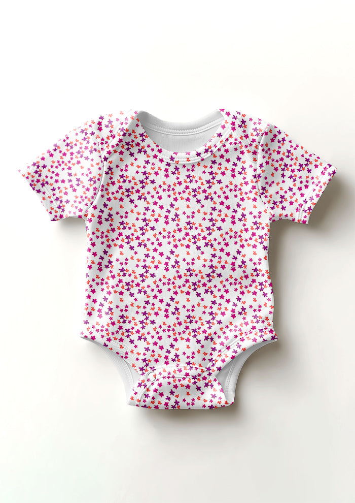 Ditsy Daisy - Baby Onesie featuring Floral pattern design by Laura Hamzic Australian Surface Pattern Designer - Pink and Orange on White