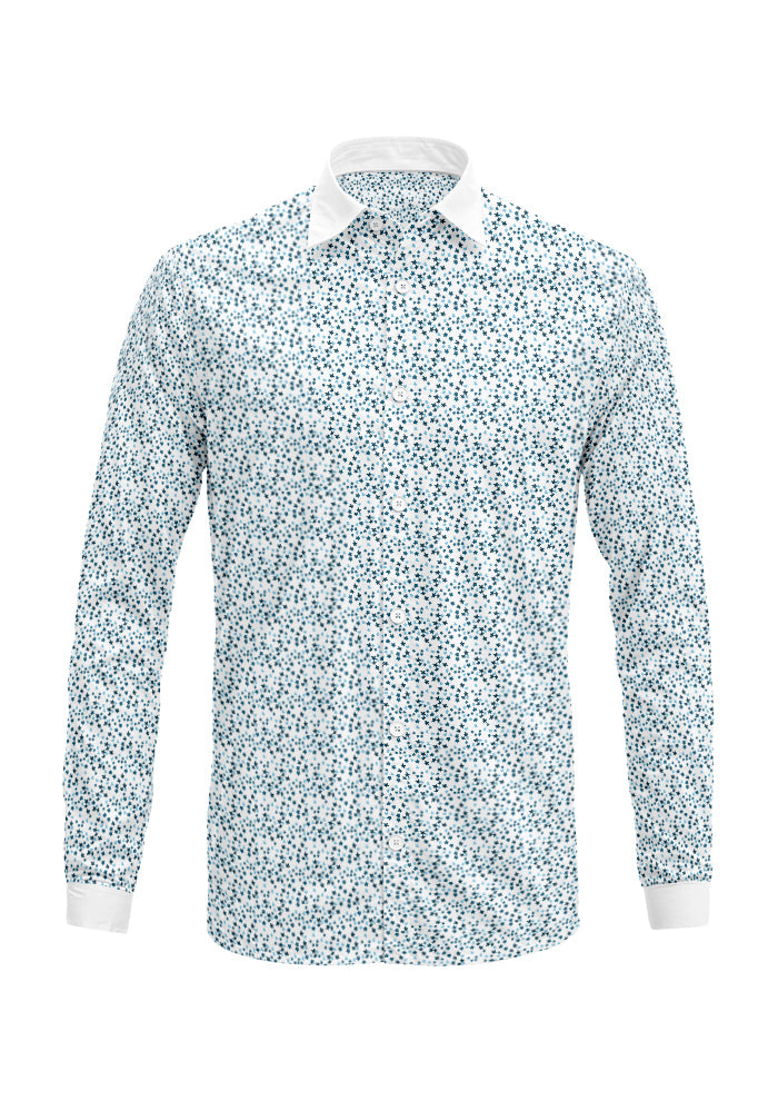 Ditsy Daisy - Mens long sleeve shirt featuring Floral pattern design by Laura Hamzic Australian Surface Pattern Designer - Denim on White