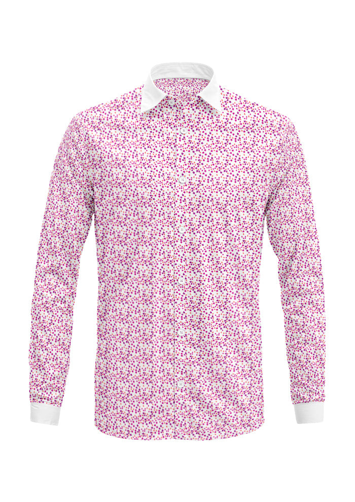 Ditsy Daisy - Mens dress shirt featuring Floral pattern design by Laura Hamzic Australian Surface Pattern Designer - Pink and Orange on White
