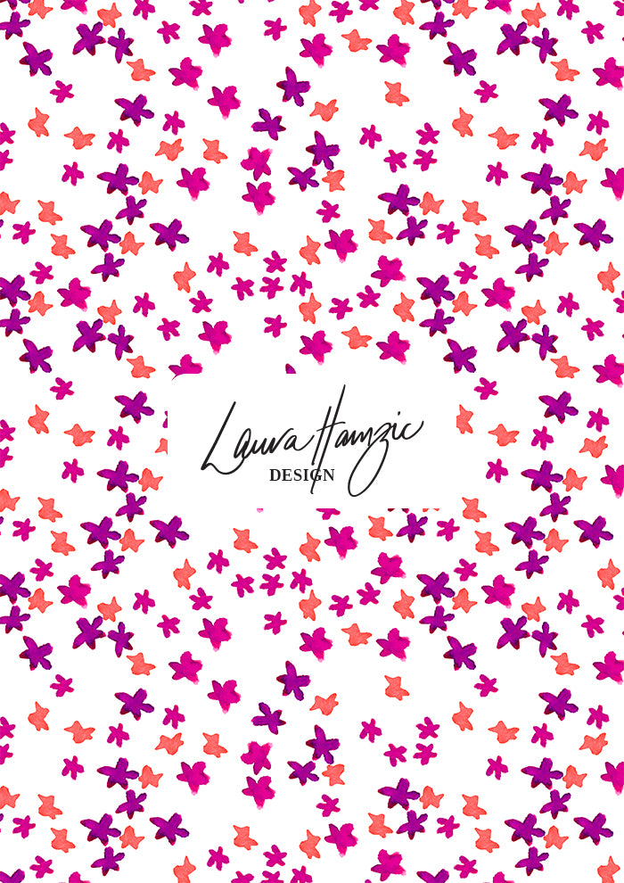 Ditsy Daisy - Floral pattern design by Laura Hamzic Australian Surface Pattern Designer - Pink and Orange on White