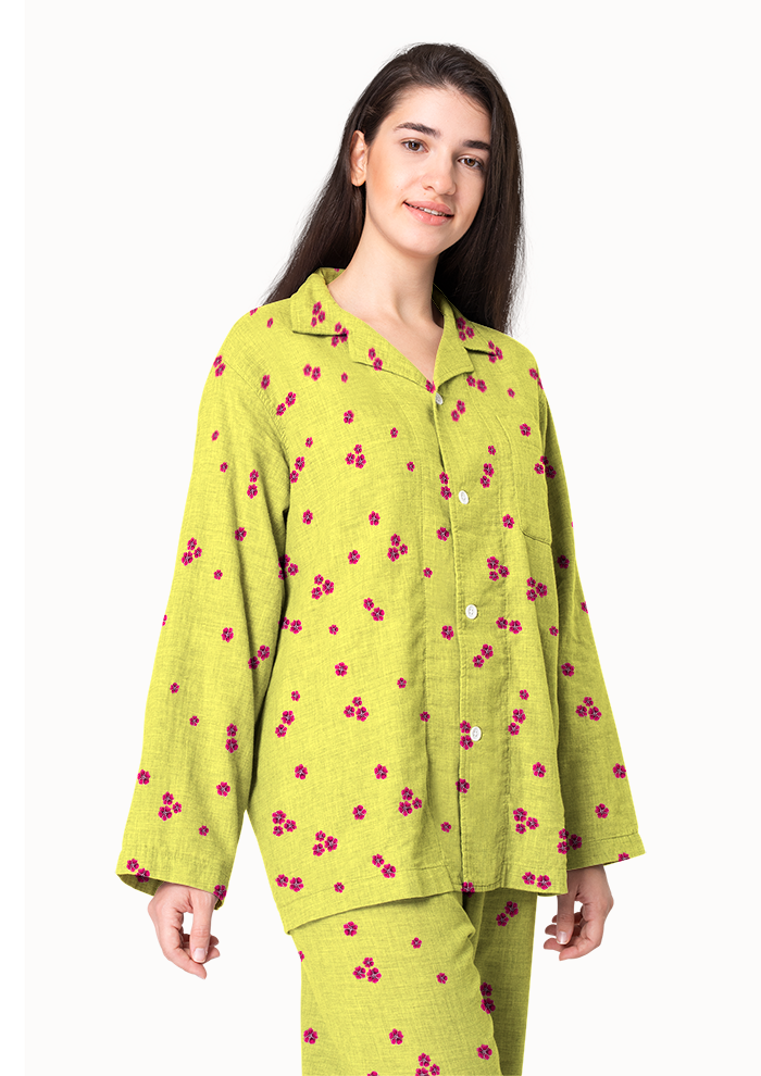 Women's pajamas mockup with the Dotty Bloom (Yellow) pattern by Laura Hamzic, Australian surface pattern designer