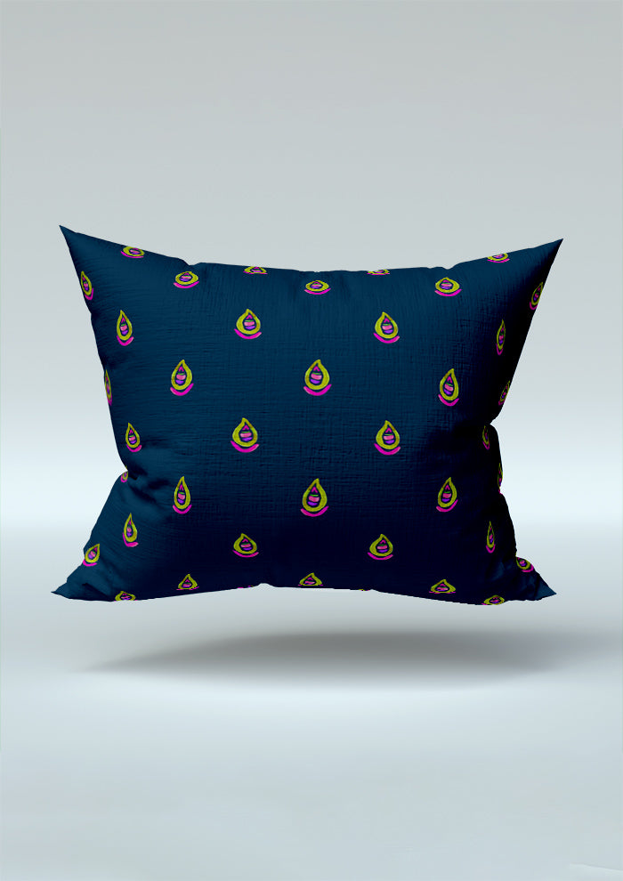 Pink and green Drip Drop pattern on navy, cushion mockup. Pattern design by Laura Hamzic, Australian Artist.