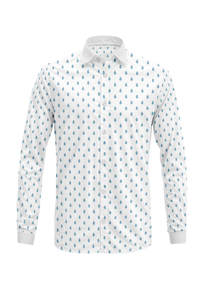 Denim Drip Drop pattern on men's long-sleeve shirt mockup. Pattern design by Laura Hamzic, Australian Artist.