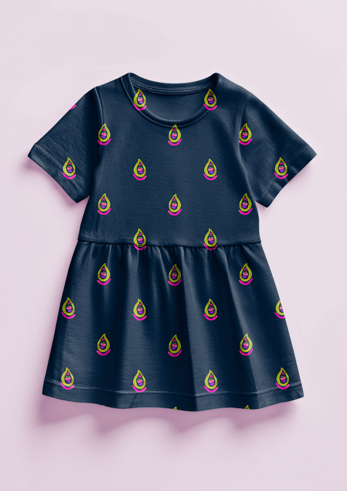 Pink and green Drip Drop pattern on navy, little girl's dress mockup. Pattern design by Laura Hamzic, Australian Artist.