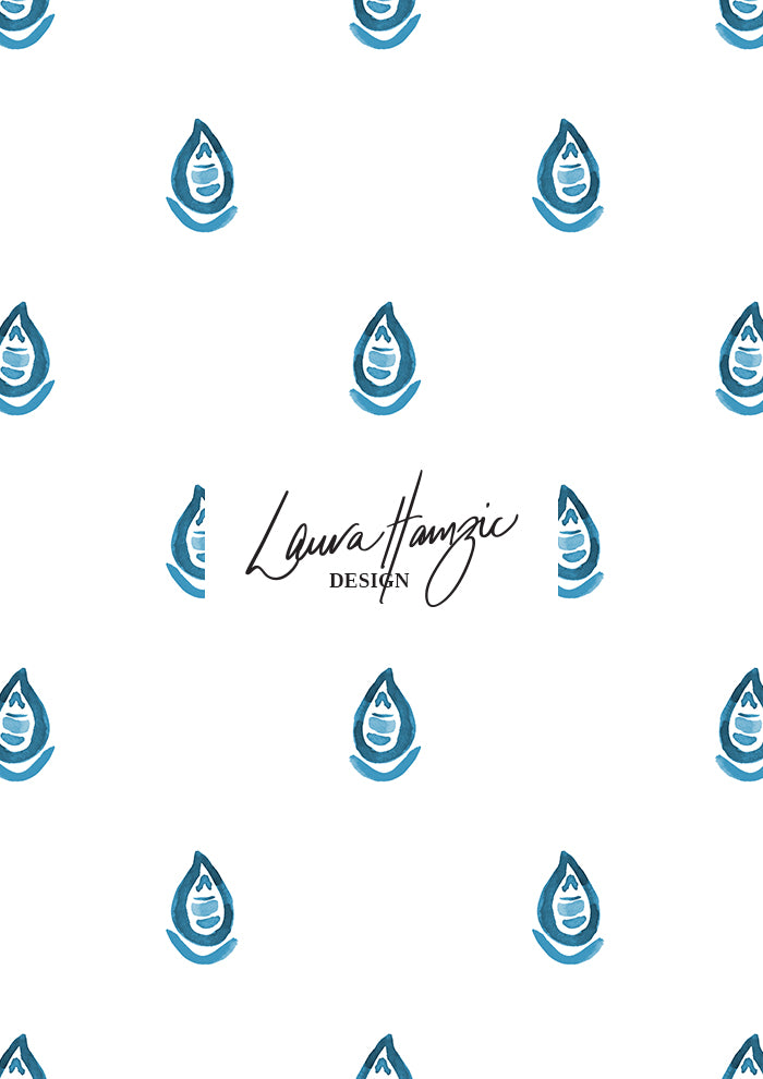 Denim Drip Drop watercolour dot pattern with paisley, large scale, for textiles. Pattern design by Laura Hamzic, Australian Artist.