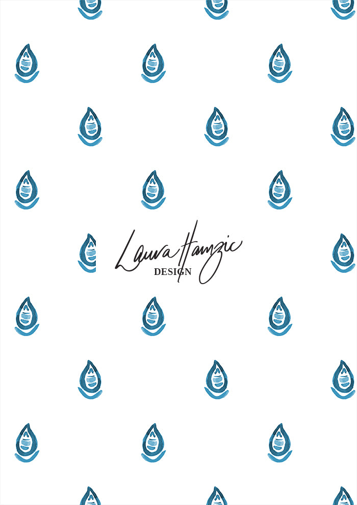 Denim Drip Drop watercolour dot pattern with paisley, medium scale, for fabrics. Pattern design by Laura Hamzic, Australian Artist.