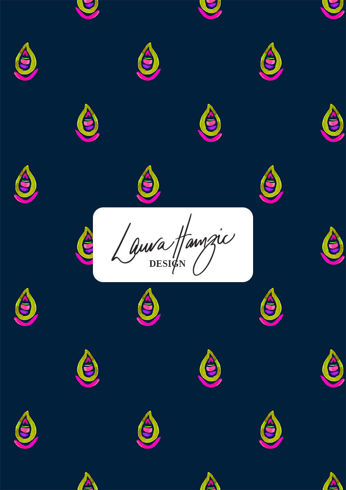 Pink and green Drip Drop watercolour dot pattern on navy, medium scale, for fabrics. Pattern design by Laura Hamzic, Australian Artist.