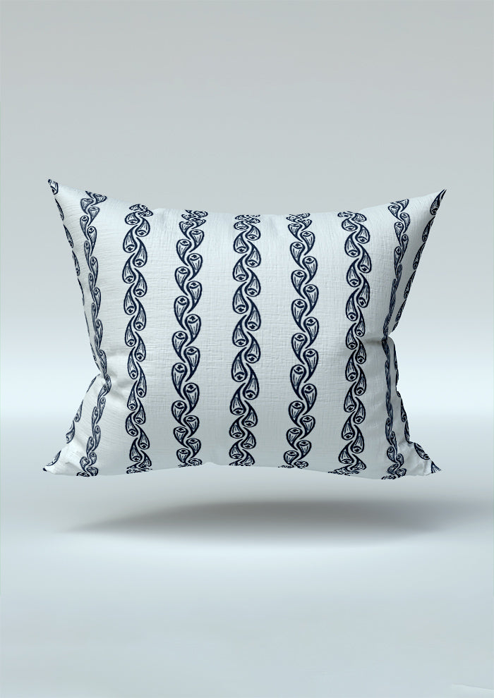 Navy Droplet Drift pattern on cushion mockup. Pattern design by Laura Hamzic, Australian Artist.