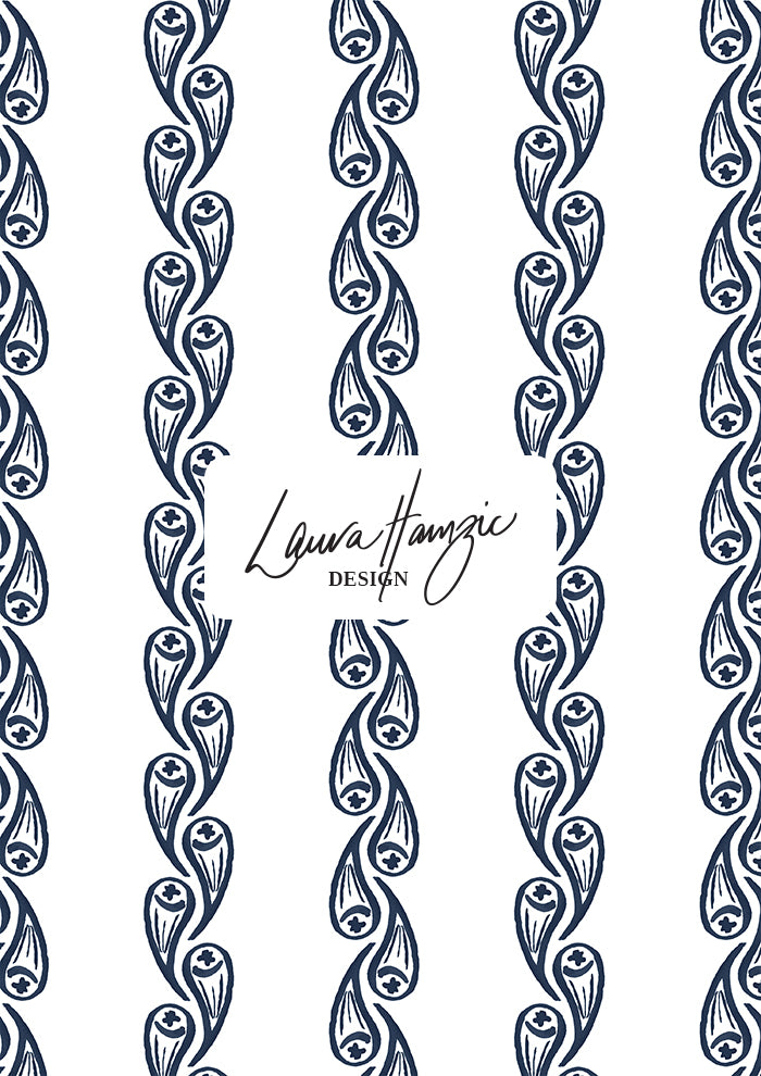 Navy Droplet Drift watercolour stripe pattern, large scale, for textiles. Pattern design by Laura Hamzic, Australian Artist.