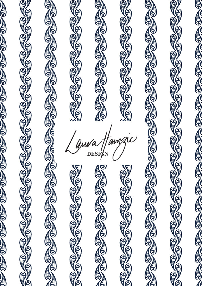 Navy Droplet Drift watercolour stripe pattern, medium scale, for decor. Pattern design by Laura Hamzic, Australian Artist.