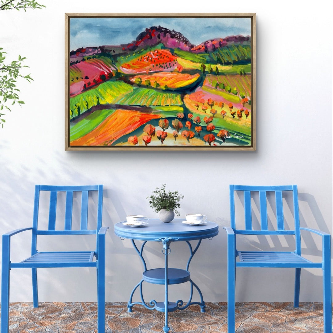 Watercolour art print of a whimsical, abstract landscape - Rainbow Valley, hand-painted by Laura Hamzic.