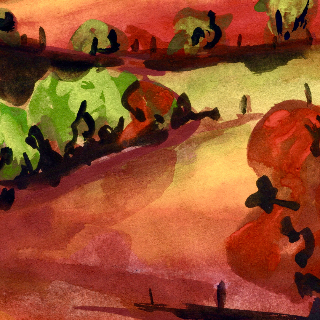Watercolour art print of a whimsical, abstract landscape - Orange Rolling Hills, hand-painted by Laura Hamzic.